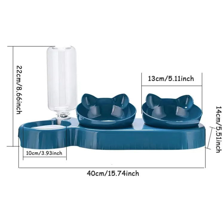 Triple Cat Bowls Pet Feeder, 2-in-1 Double Bowls with Automatic Drinking Bottle, Tilted and Rotatable Design for Cats and Dogs - Zecs shopping