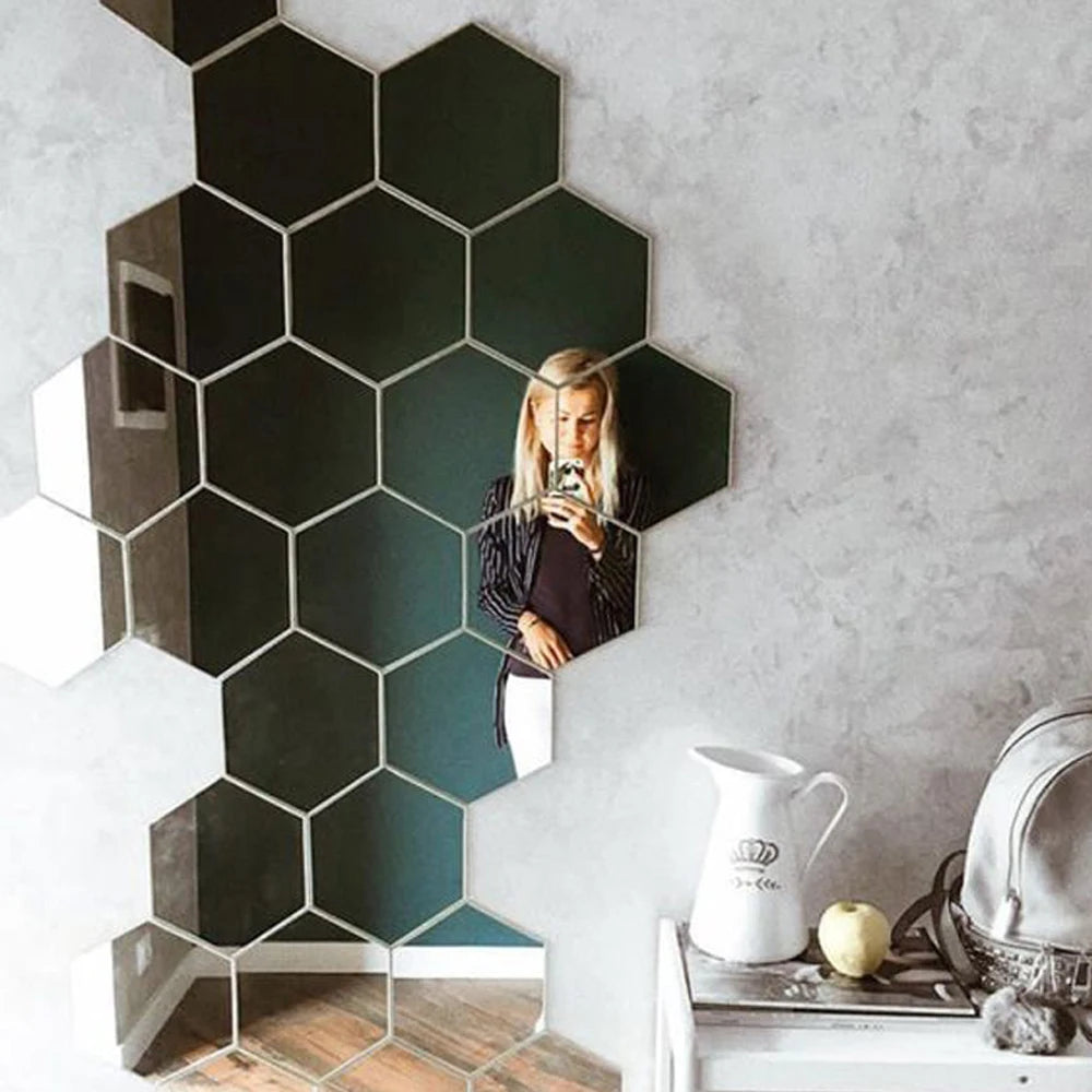 6/12pcs 3D Hexagon Mirror Wall Sticker Rose Gold DIY TV Background Living Room Stickers Wall Decor Bedroom Bathroom Home Decor - Zecs shopping