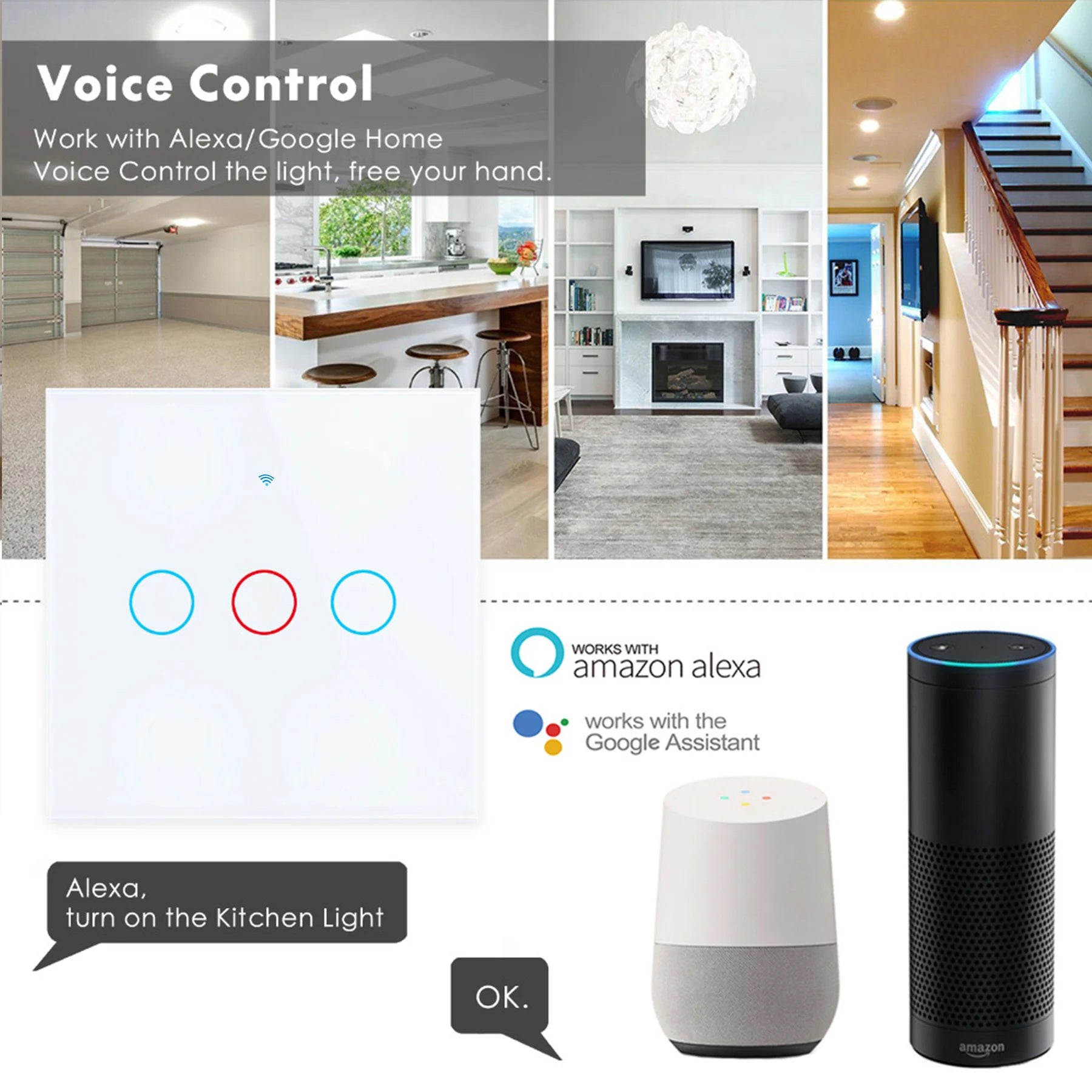 EU Tuya WiFi Smart Switch RFMhz Remote Wall Touch Sensor Lightes Switch Works With Alexa No Neutral Wire Wireless Gang