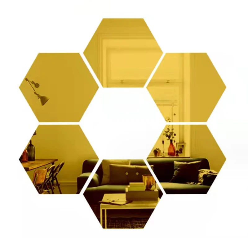 6/12pcs 3D Hexagon Mirror Wall Sticker Rose Gold DIY TV Background Living Room Stickers Wall Decor Bedroom Bathroom Home Decor - Zecs shopping