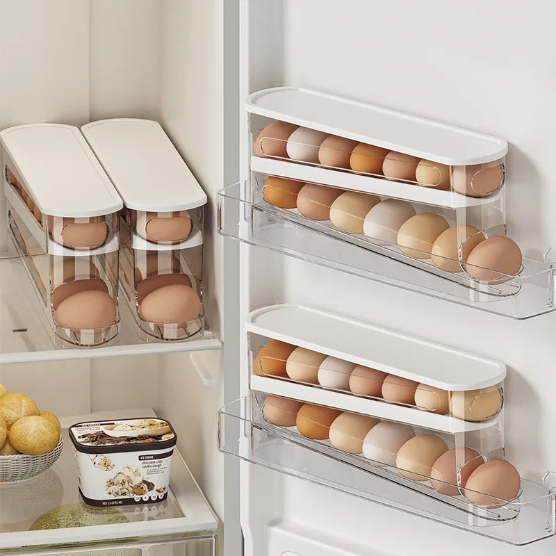 Double Layers Egg Storage Box Refrigerator Automatic Rolling Slide Egg Rack Refrigerator Side Door Freshness Box Kitchen Storage - Zecs shopping