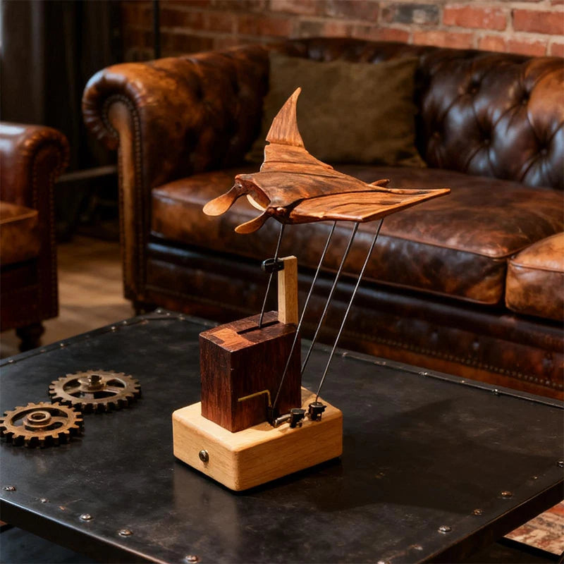 Wooden Manta Ray Automaton – Handcrafted Mechanical Ocean Sculpture & Hand-Crank Kinetic Desk Decor
