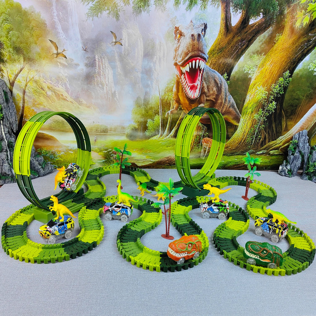 Magic Dinosaur Track Car Set Flexible Railway Adventure with Flashing Lights