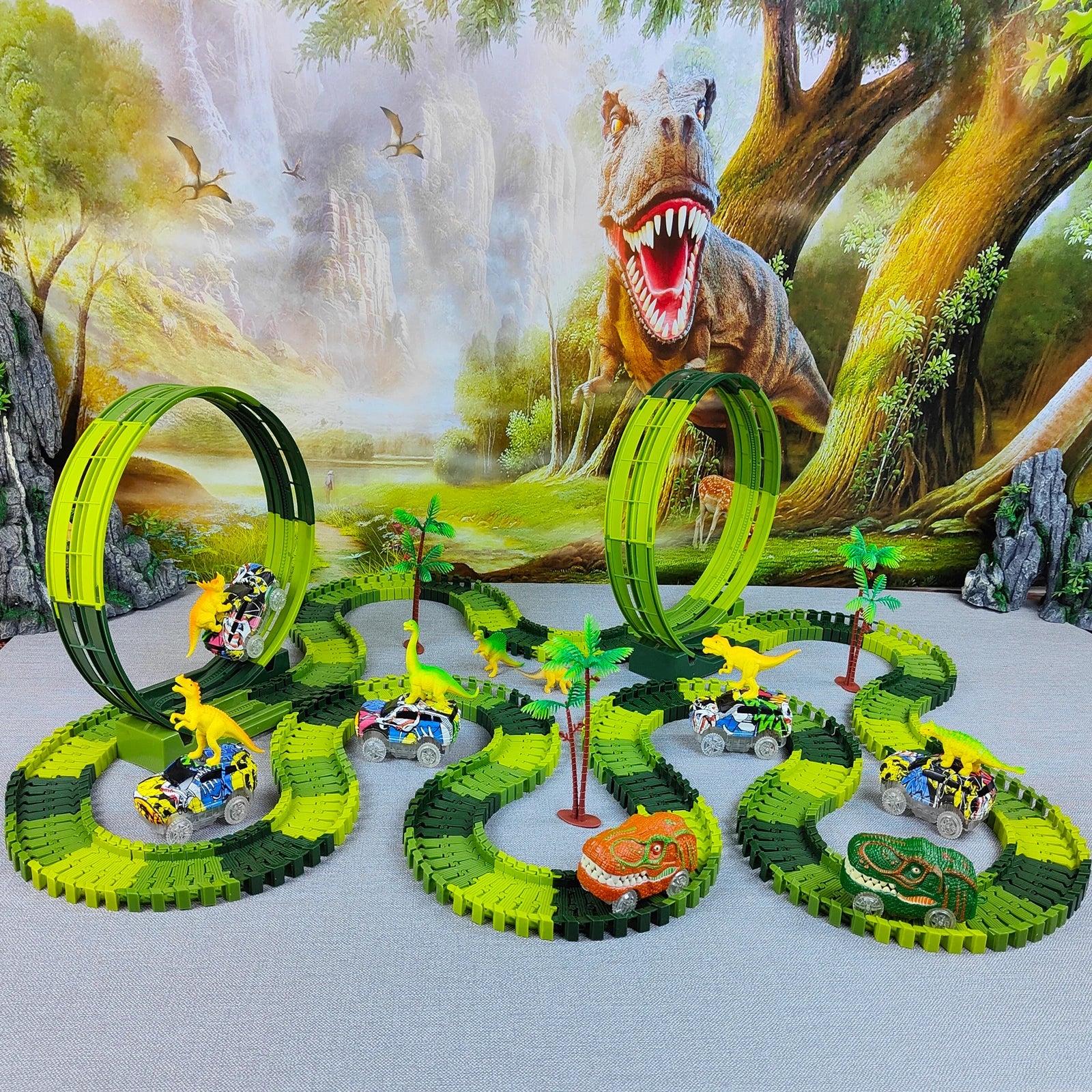 Magic Dinosaur Track Car Set Flexible Railway Adventure with Flashing Lights