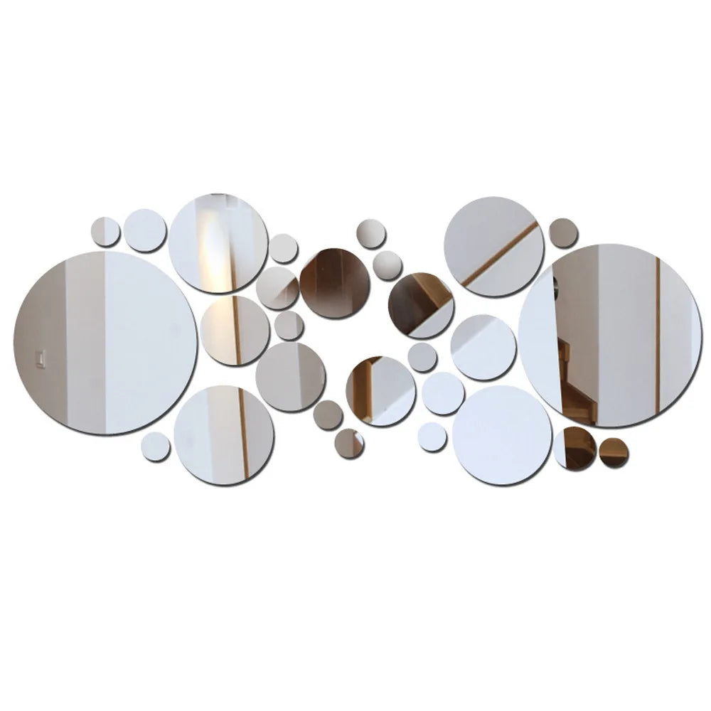 26PCs 3D Acrylic Mirror Wall Stickers Set round Adhesive Reflective Decorative Panel for Living Room Bedroom TV Background Decor - Zecs shopping