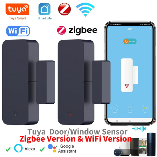 Tuya Smart Door & Window Sensor – WiFi/Zigbee Magnetic Security Alarm Compatible with Alexa & Google Home