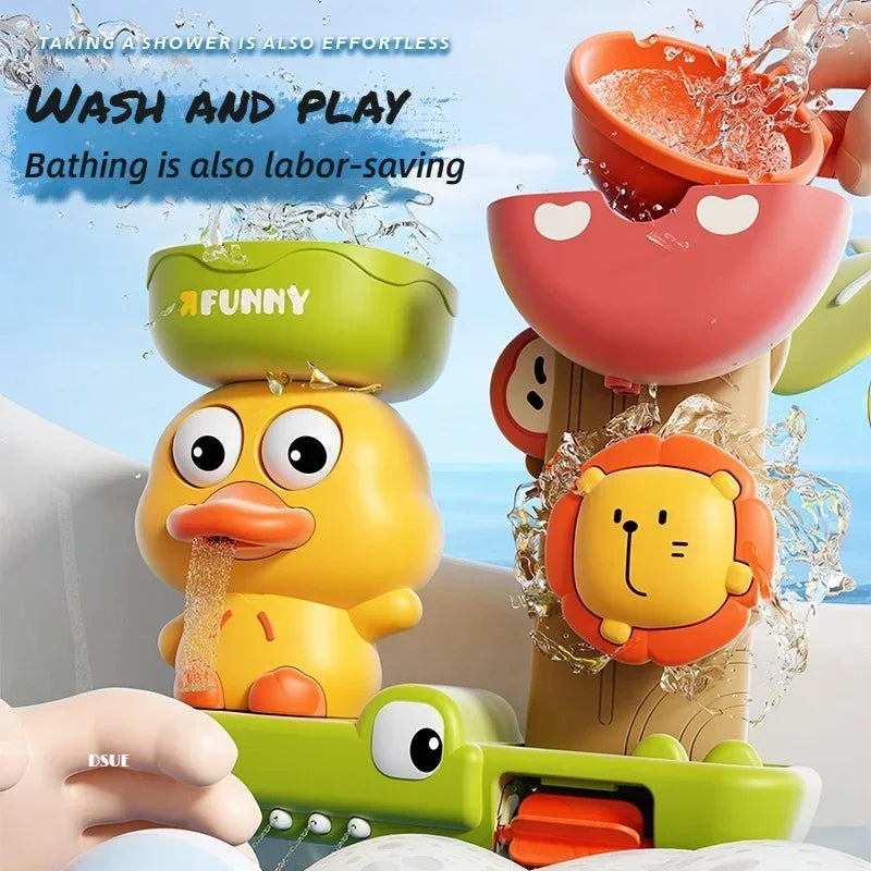 Baby Bath Toy Set Duck Flower & Lion Waterwheel Toys with Suction Cups