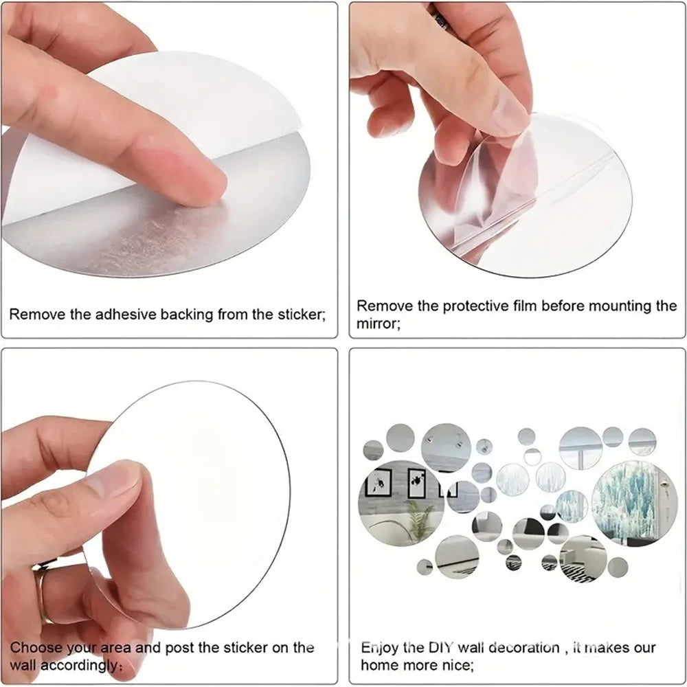 26PCs 3D Acrylic Mirror Wall Stickers Set round Adhesive Reflective Decorative Panel for Living Room Bedroom TV Background Decor - Zecs shopping