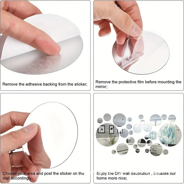 26PCs 3D Acrylic Mirror Wall Stickers Set round Adhesive Reflective Decorative Panel for Living Room Bedroom TV Background Decor - Zecs shopping