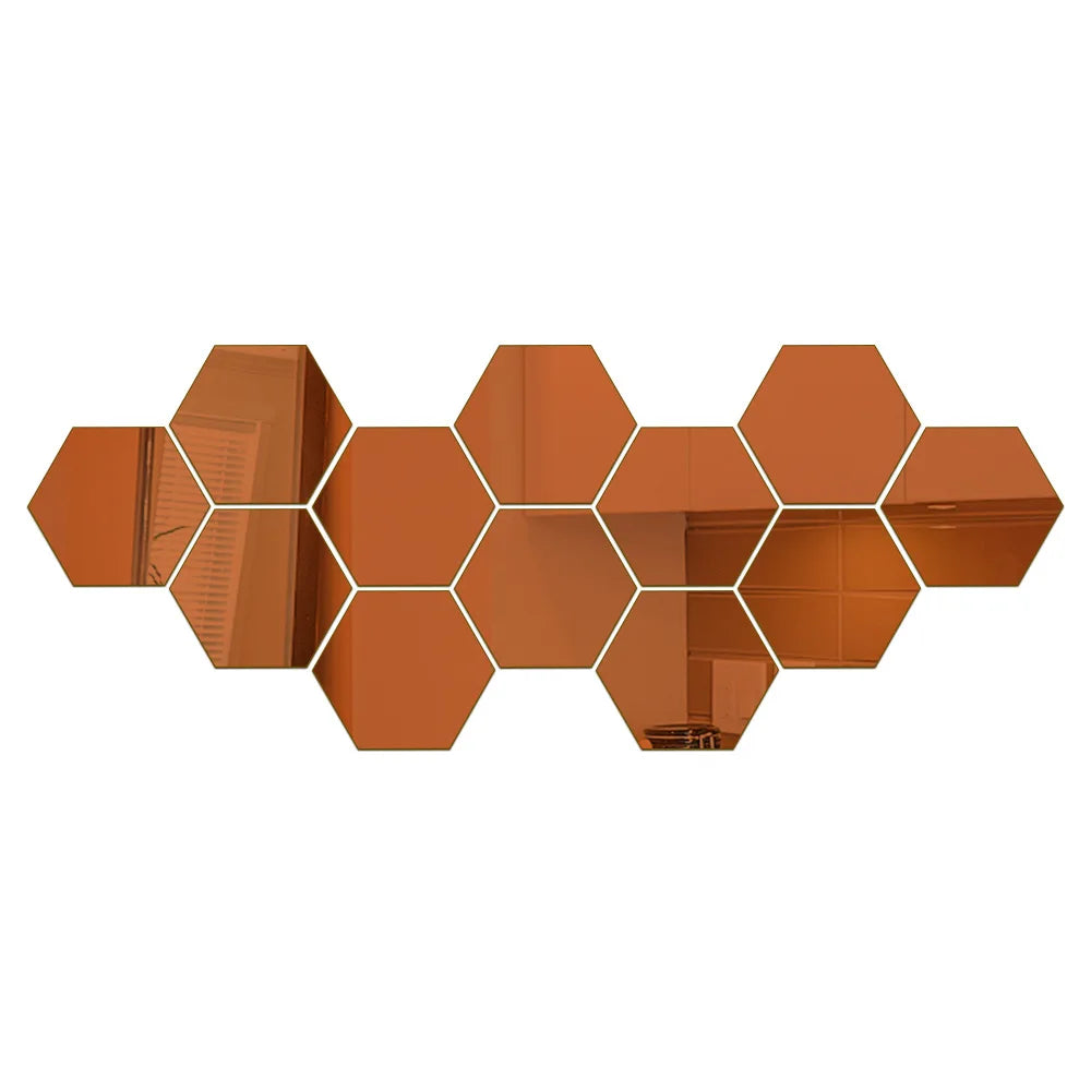 6/12pcs 3D Hexagon Mirror Wall Sticker Rose Gold DIY TV Background Living Room Stickers Wall Decor Bedroom Bathroom Home Decor - Zecs shopping