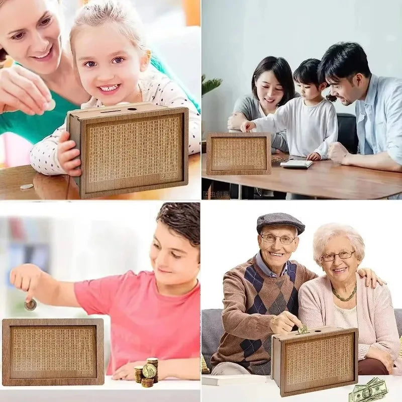 1 Pcs Wooden DIY Piggy Bank Reusable Handmade Money Box, Piggy Bank with Saving Goal and Numbers To Help The Habit of Saving - Zecs shopping