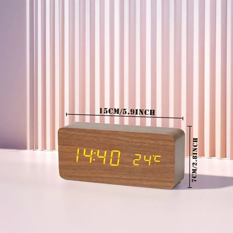 Retro wooden LED digital alarm clock silent with temperature night light electronic fashion wooden clock living room bedside