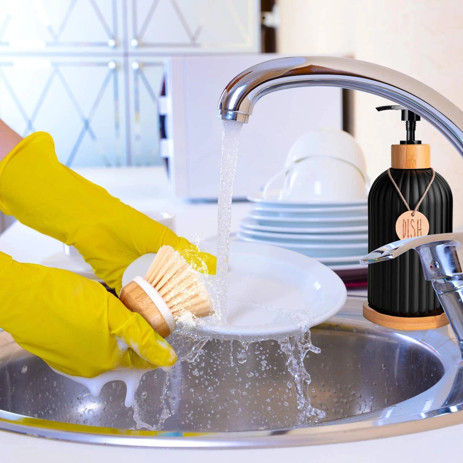 Kitchen Black Dish Soap Dispenser Bottle Set with Tags Countertop Hands Soap&Dish Soap Storage Container for Home Decor