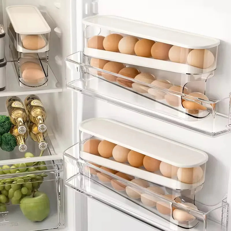 Double Layers Egg Storage Box Refrigerator Automatic Rolling Slide Egg Rack Refrigerator Side Door Freshness Box Kitchen Storage - Zecs shopping