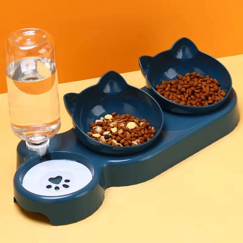 Triple Cat Bowls Pet Feeder, 2-in-1 Double Bowls with Automatic Drinking Bottle, Tilted and Rotatable Design for Cats and Dogs - Zecs shopping