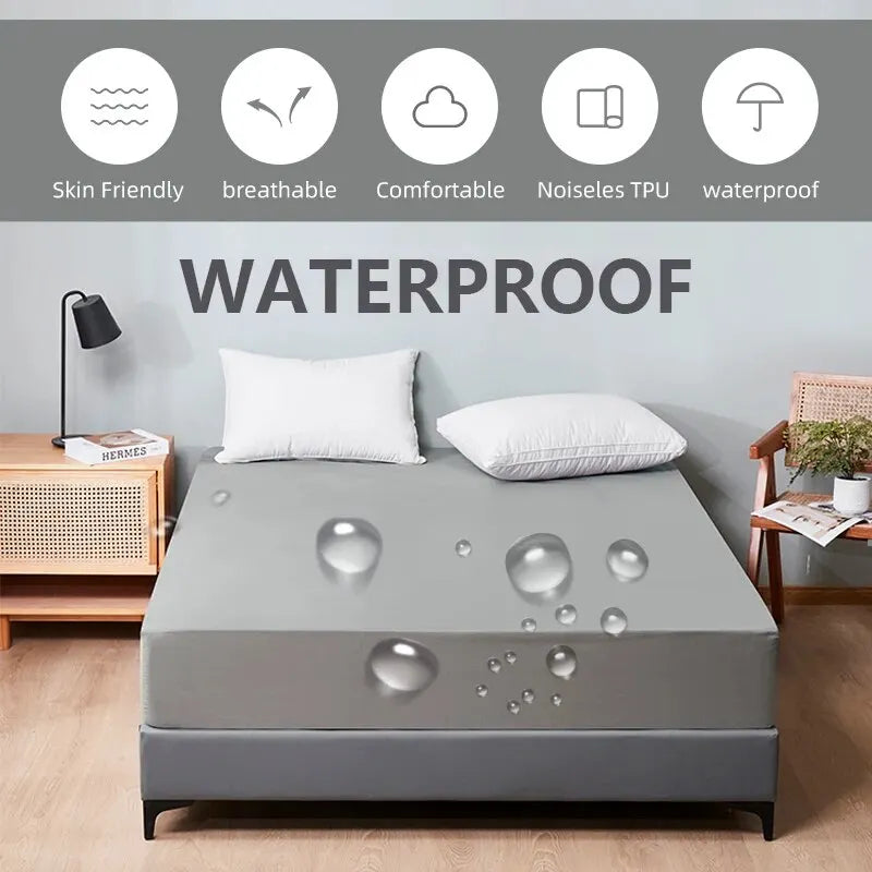 Safe Waterproof Mattress Protector, Soft Comfortable Breathable Solid Color Bedding Mattress Cover Fitted, Machine Washable - Zecs shopping