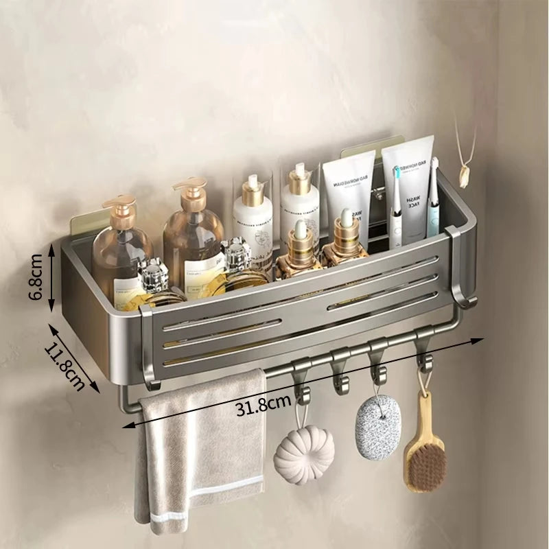 Wall Mounted No-Drill Bathroom Shelf Aluminum Alloy Storage Holder for Shampoo Makeup Kitchen Organizer Accessory
