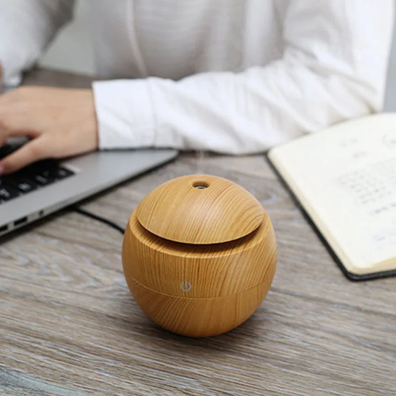 ml USB Small Ball Colorful Light Bass Noise Reduction Mushroom Humidifier Mini Wood Grain Round Hollow Aroma Diffuser