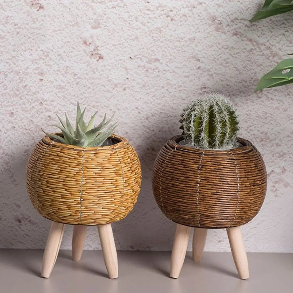 Fashion Rattan Woven Flower Pot Creative Flower Planters With Removable Legs Durable Hand Wove Plant Stand - Zecs shopping