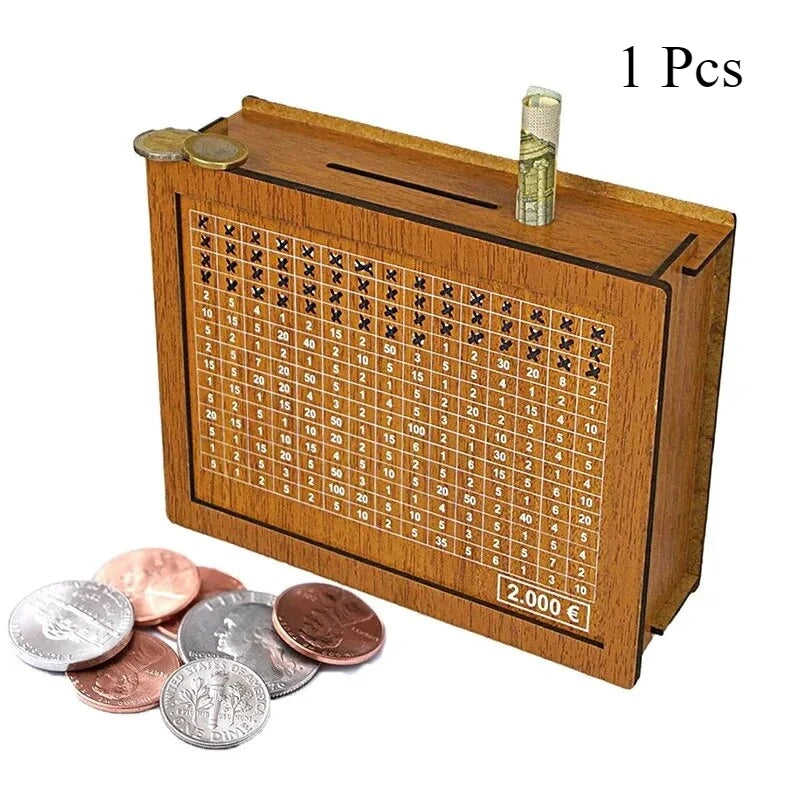 1 Pcs Wooden DIY Piggy Bank Reusable Handmade Money Box, Piggy Bank with Saving Goal and Numbers To Help The Habit of Saving - Zecs shopping