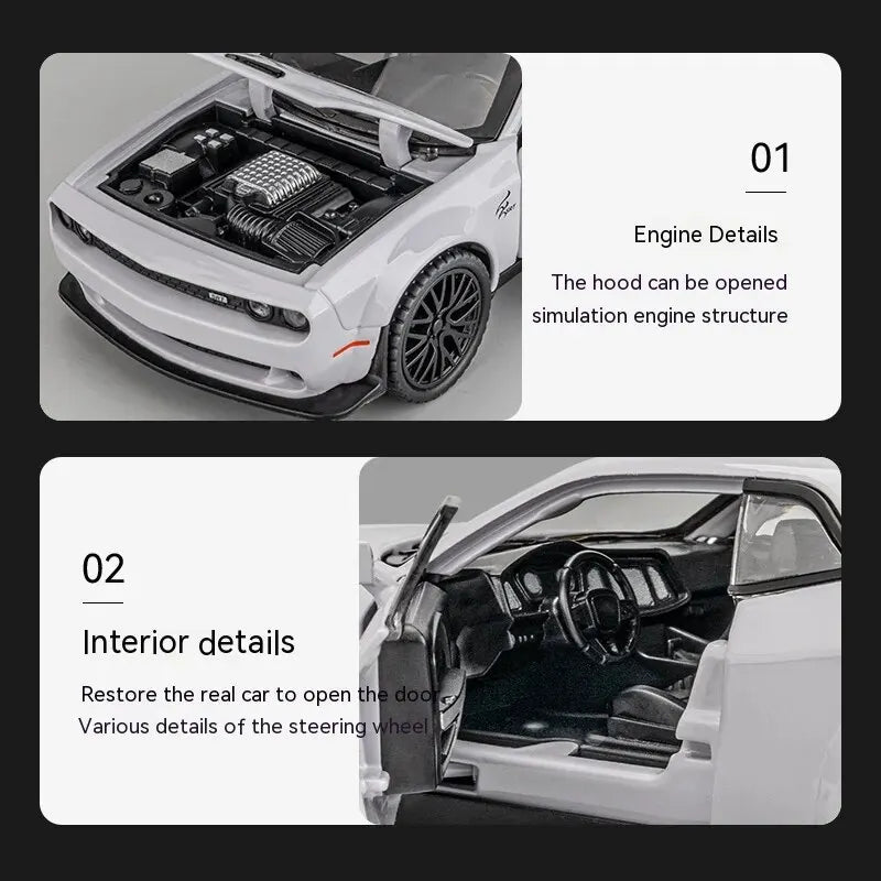 Dodge Challenger Hellcat Diecast Model Car Pull Back Toy with Sound & Light Metal Collectible Car Gift