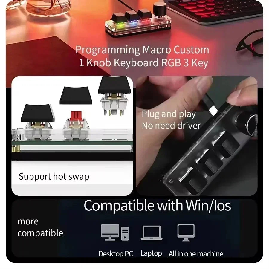 RGB key Customize Wired Mini Keyboard Macro Knob Copy Paste Shortcut Key E-sports Game Mechanical Hot Swap Mini Keyboard