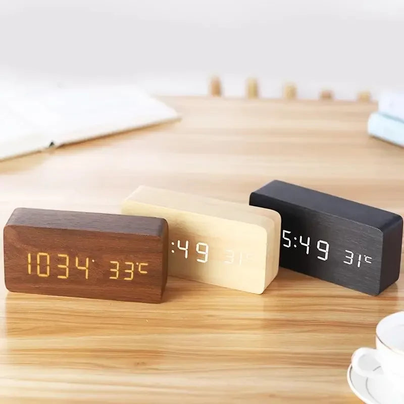 Retro wooden LED digital alarm clock silent with temperature night light electronic fashion wooden clock living room bedside