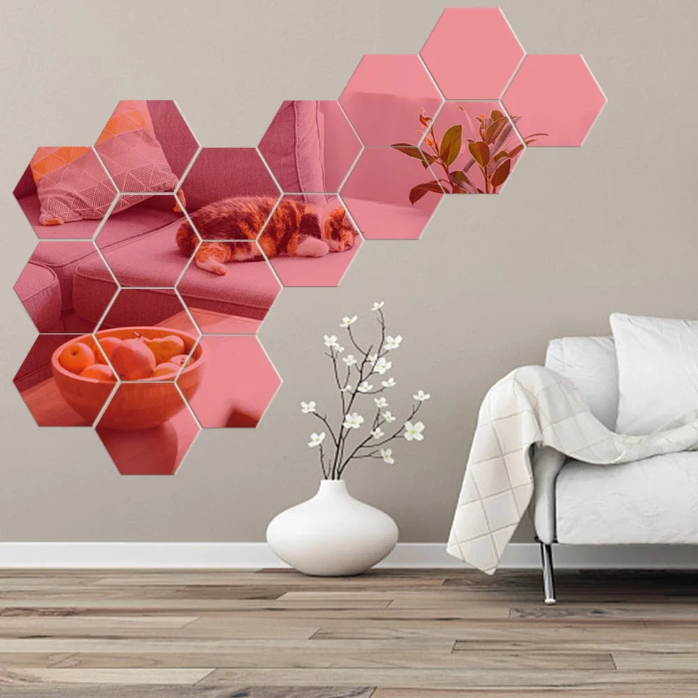 6/12pcs 3D Hexagon Mirror Wall Sticker Rose Gold DIY TV Background Living Room Stickers Wall Decor Bedroom Bathroom Home Decor - Zecs shopping