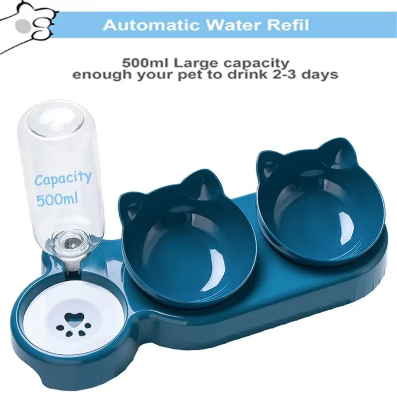 Triple Cat Bowls Pet Feeder, 2-in-1 Double Bowls with Automatic Drinking Bottle, Tilted and Rotatable Design for Cats and Dogs - Zecs shopping