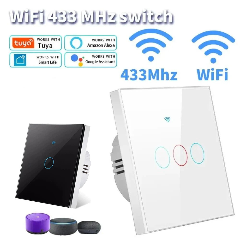 EU Tuya WiFi Smart Switch RFMhz Remote Wall Touch Sensor Lightes Switch Works With Alexa No Neutral Wire Wireless Gang