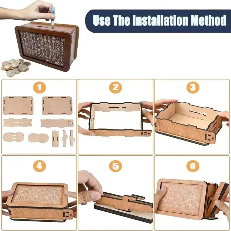 1 Pcs Wooden DIY Piggy Bank Reusable Handmade Money Box, Piggy Bank with Saving Goal and Numbers To Help The Habit of Saving - Zecs shopping