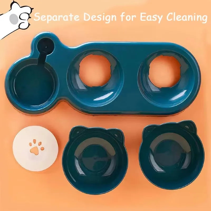 Triple Cat Bowls Pet Feeder, 2-in-1 Double Bowls with Automatic Drinking Bottle, Tilted and Rotatable Design for Cats and Dogs - Zecs shopping