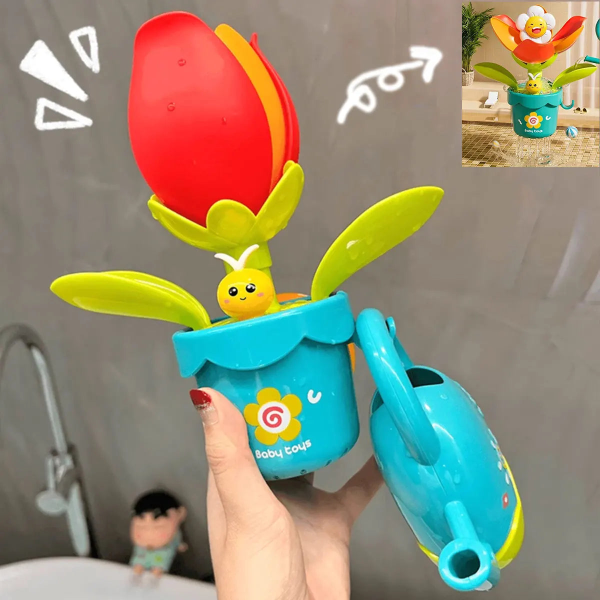 Baby Bath Toy Set Duck Flower & Lion Waterwheel Toys with Suction Cups