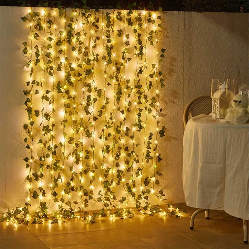 12/10/2m Fake Green Leaf Ivy Vine with LED Lights Home Bedroom Decor Wedding Glowing Artifical Plant Garland Home Decor - Zecs shopping