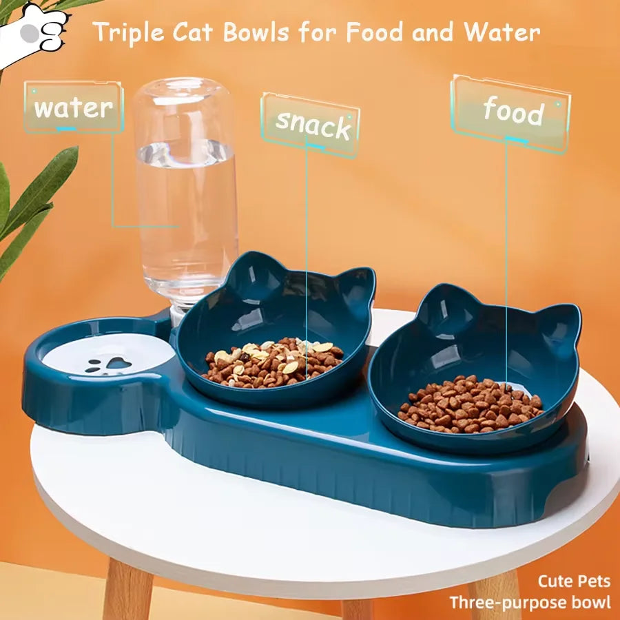 Triple Cat Bowls Pet Feeder, 2-in-1 Double Bowls with Automatic Drinking Bottle, Tilted and Rotatable Design for Cats and Dogs - Zecs shopping