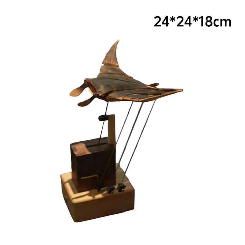 Wooden Manta Ray Automaton – Handcrafted Mechanical Ocean Sculpture & Hand-Crank Kinetic Desk Decor