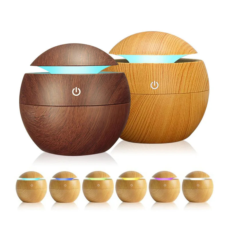 ml USB Small Ball Colorful Light Bass Noise Reduction Mushroom Humidifier Mini Wood Grain Round Hollow Aroma Diffuser