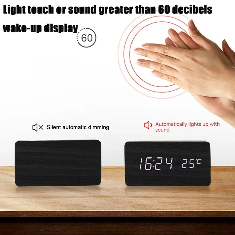 Retro wooden LED digital alarm clock silent with temperature night light electronic fashion wooden clock living room bedside