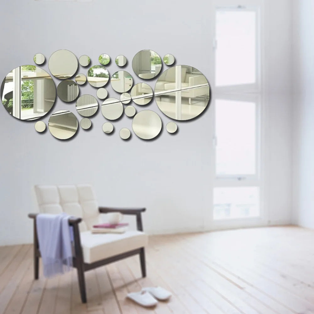 26PCs 3D Acrylic Mirror Wall Stickers Set round Adhesive Reflective Decorative Panel for Living Room Bedroom TV Background Decor - Zecs shopping
