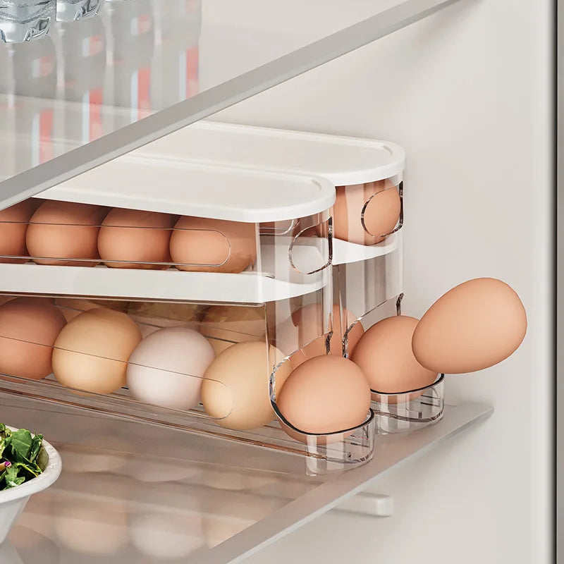 Double Layers Egg Storage Box Refrigerator Automatic Rolling Slide Egg Rack Refrigerator Side Door Freshness Box Kitchen Storage - Zecs shopping