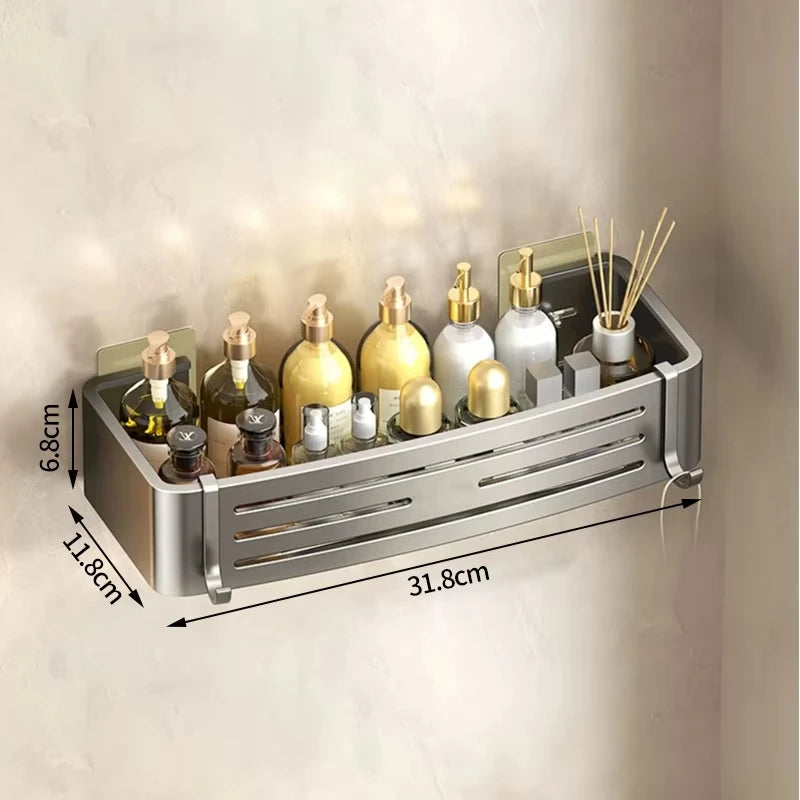 Wall Mounted No-Drill Bathroom Shelf Aluminum Alloy Storage Holder for Shampoo Makeup Kitchen Organizer Accessory