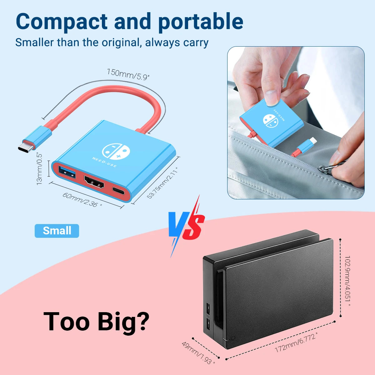 Portable Game Docking Station TYPE-C Hub with HDMI and USB Perfect for Travel and Gaming