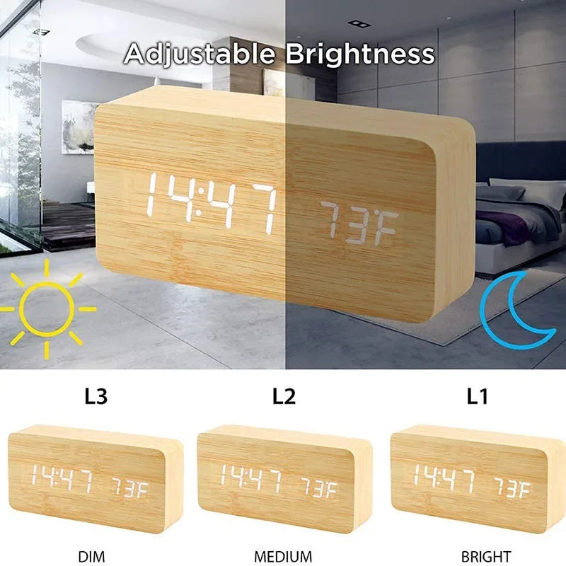 Retro wooden LED digital alarm clock silent with temperature night light electronic fashion wooden clock living room bedside
