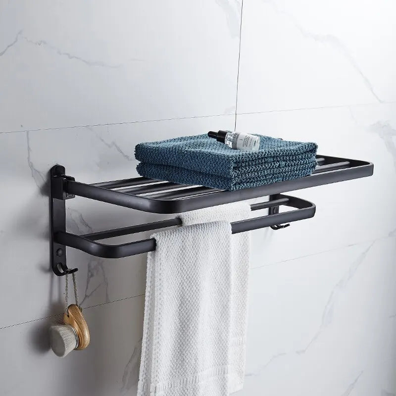 Matte Black CM Folding Holder With Hook Towel Holder Wall Mount AluminumTowel Rack