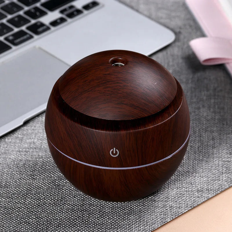 ml USB Small Ball Colorful Light Bass Noise Reduction Mushroom Humidifier Mini Wood Grain Round Hollow Aroma Diffuser