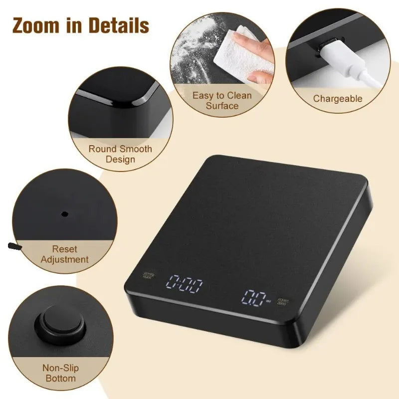 Digital Coffee Scale with Timer LED Screen Espresso USB kg MaxWeighing g High Precision Measures in Ozmlg Kitchen Scale