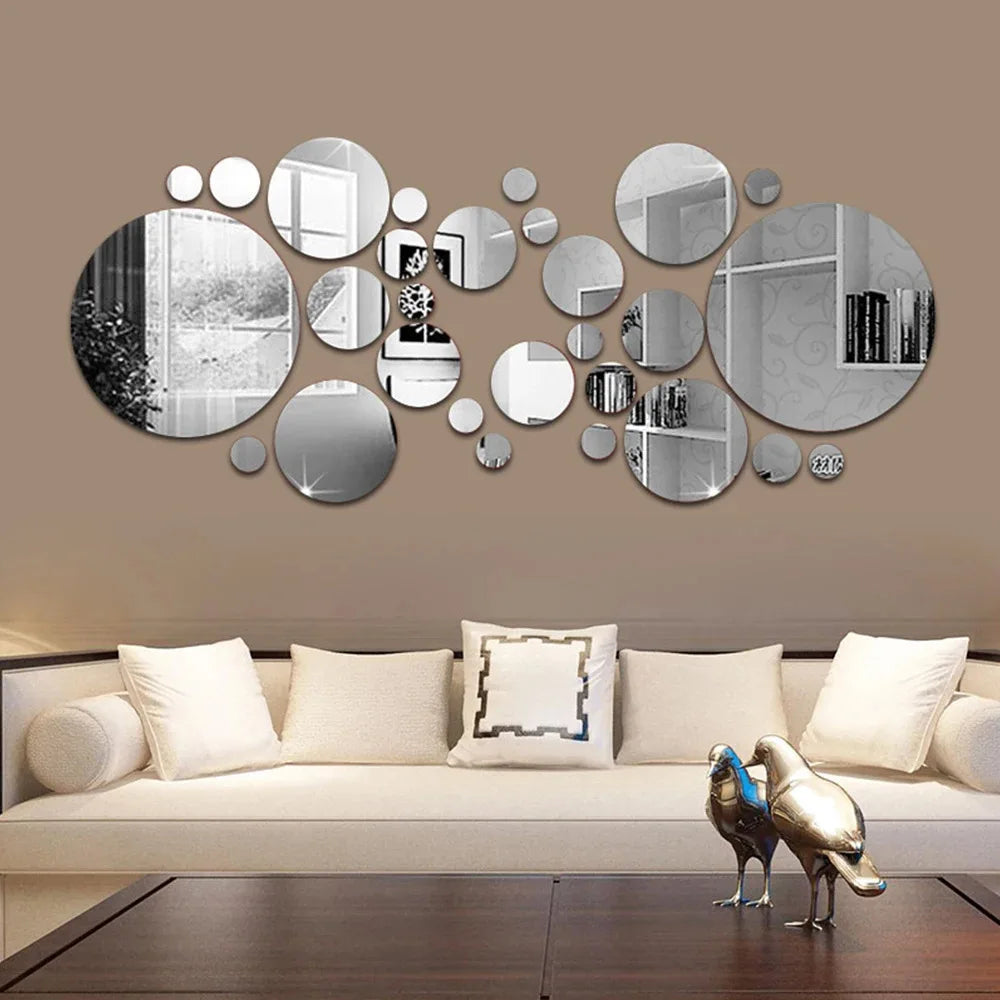 26PCs 3D Acrylic Mirror Wall Stickers Set round Adhesive Reflective Decorative Panel for Living Room Bedroom TV Background Decor - Zecs shopping