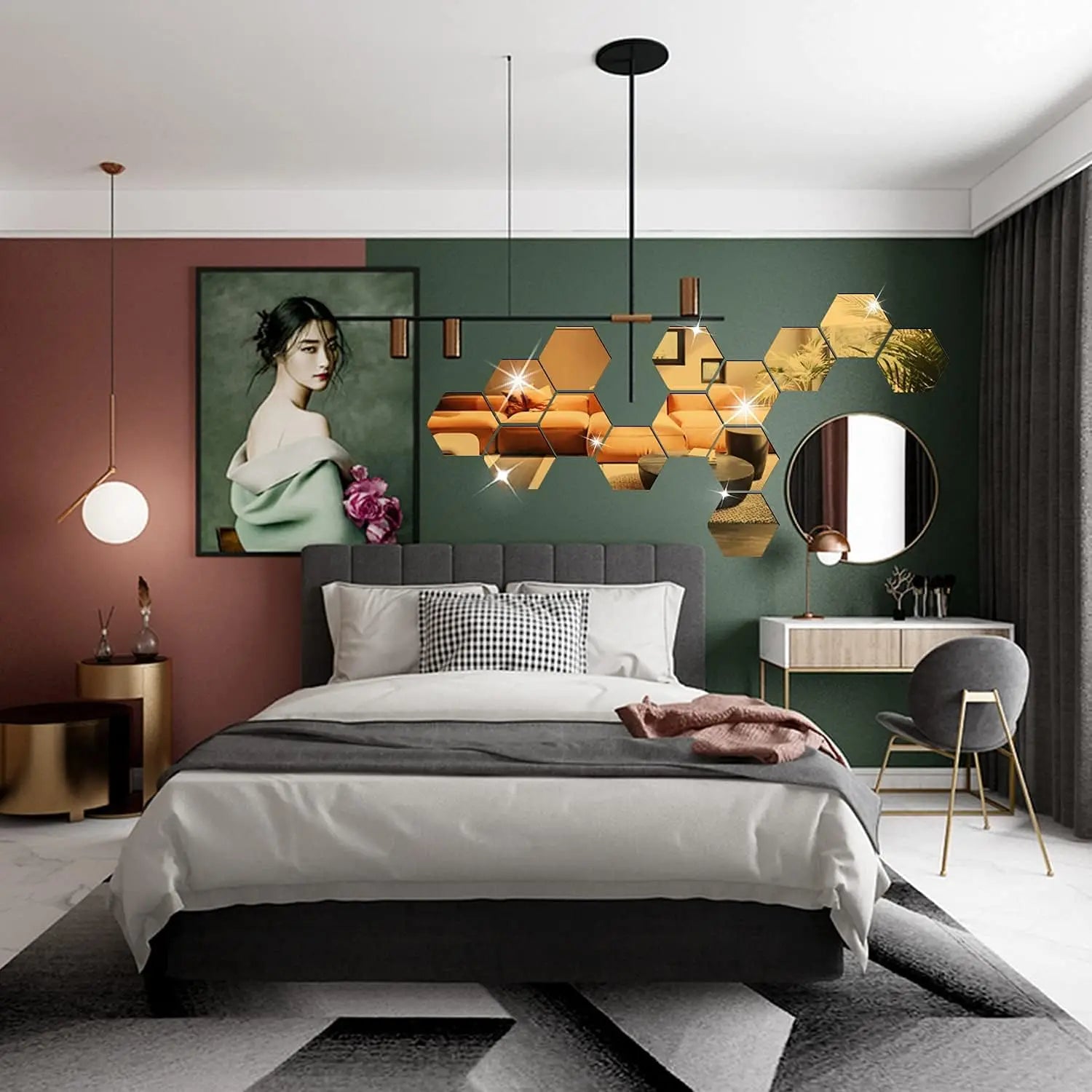 6/12pcs 3D Hexagon Mirror Wall Sticker Rose Gold DIY TV Background Living Room Stickers Wall Decor Bedroom Bathroom Home Decor - Zecs shopping