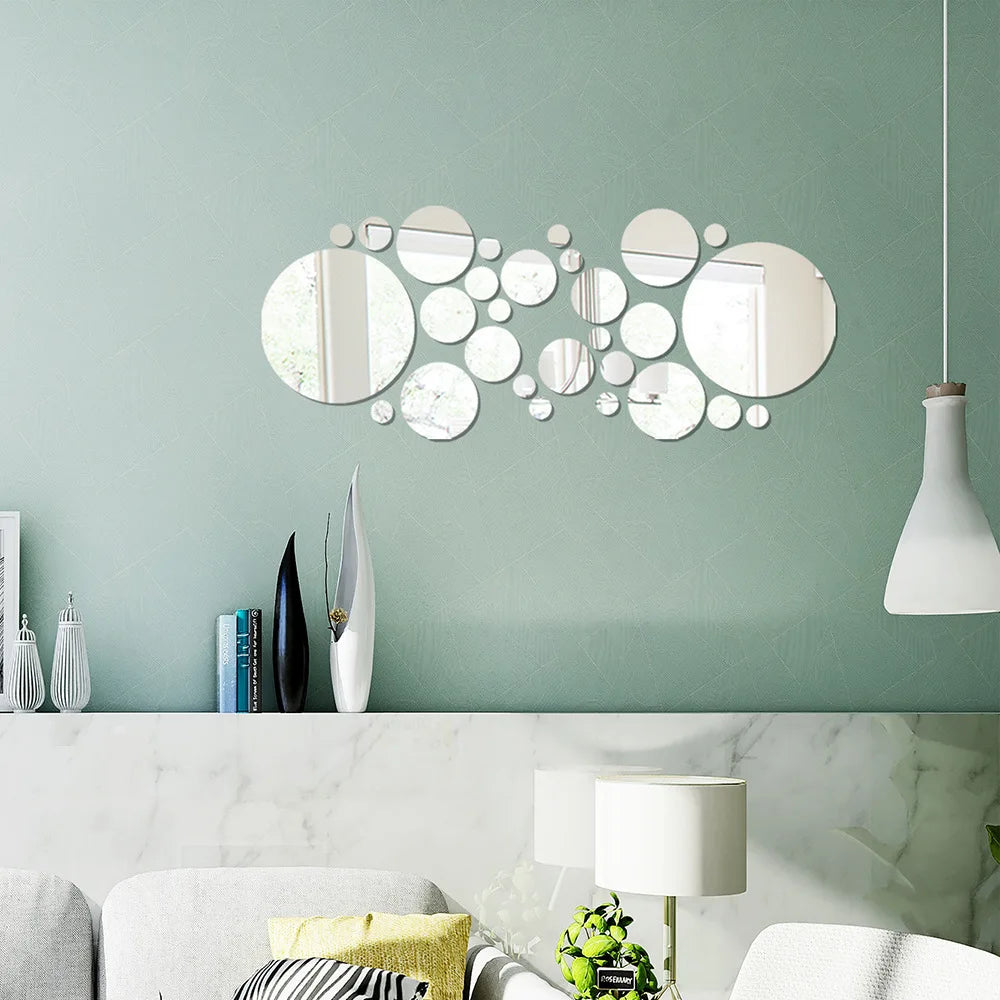 26PCs 3D Acrylic Mirror Wall Stickers Set round Adhesive Reflective Decorative Panel for Living Room Bedroom TV Background Decor - Zecs shopping