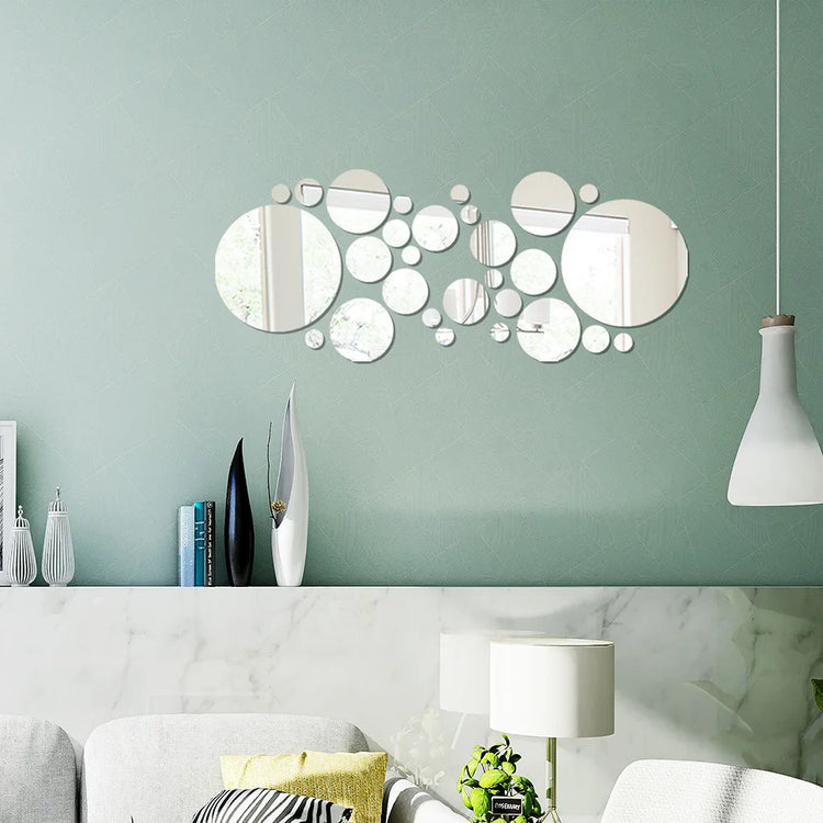 26PCs 3D Acrylic Mirror Wall Stickers Set round Adhesive Reflective Decorative Panel for Living Room Bedroom TV Background Decor - Zecs shopping